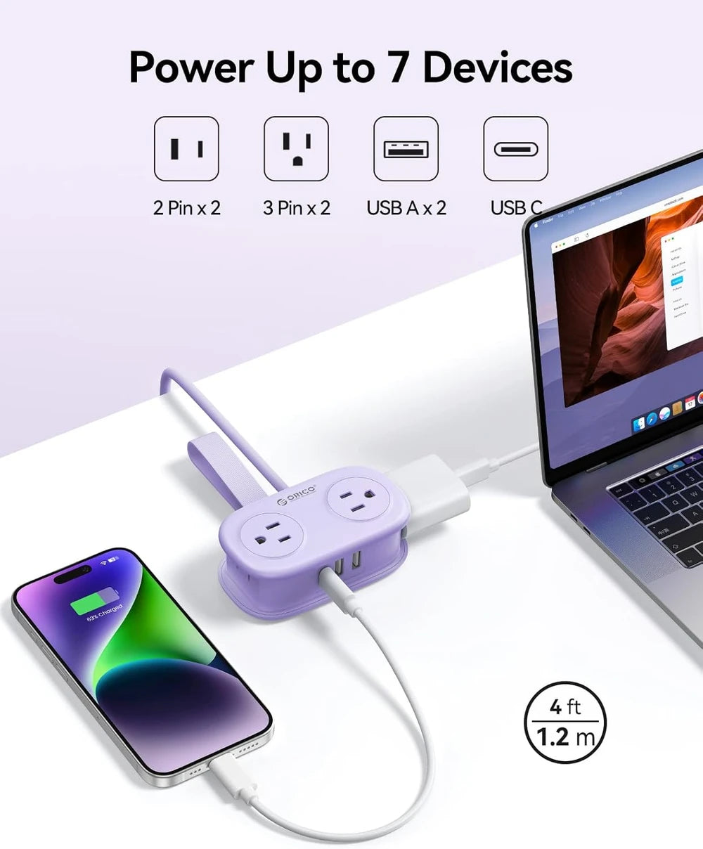 Purple 7-in-1 Travel Power Strip
